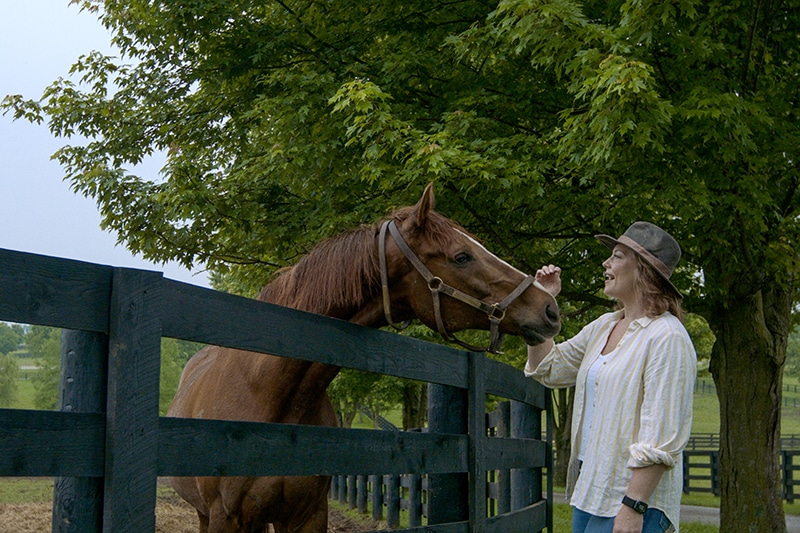 woman petting bay horse across fence | Scott County, Kentucky